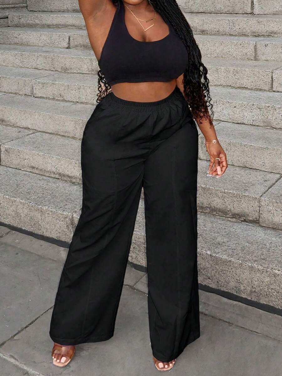 Slaydiva Casual White Straight Leg Cargo Pants With Pockets - Black - View 1