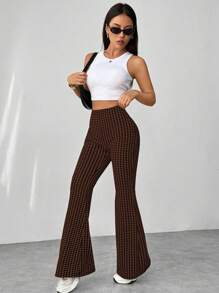 Flirla Black And White Houndstooth Textured Flare Pants Fall Cloth For Women - Brown - View 6