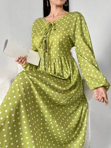 Mulvari Damen Kleid mit Langarm und Bindekordel vorne, mit Polka Punkt Muster