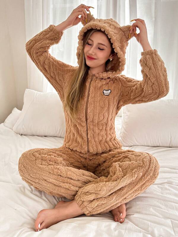 Dream Adore Plüsch-Jumpsuit-Pyjama mit bärenbestickter Tierohren-Dekoration