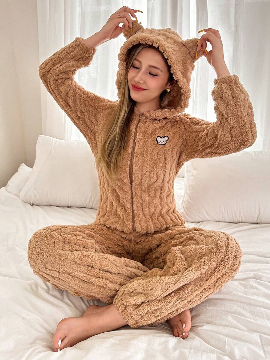 Dream Adore Bear Embroidered Animal Ear Decor Plush Jumpsuit Pajamas, For Fall Winter