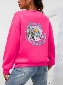 Tween Girls' Sea Turtle & Letter Print Crew Neck Long Sleeve Sweatshirt - Hot Pink - View 3