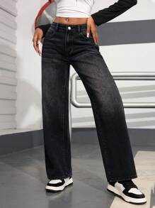 SHEIN PETITE Women's Loose Straight-Leg Casual Wide-Leg Jeans