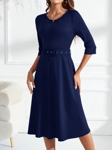 SHEIN Clasi Damen Maxi Kleid mit rundem Ausschnitt, 3/4 Ärmeln, Kordelzug und einfarbigem Design für den Sommer