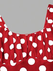 SHEIN Clasi 大码女式夏季波尔卡圆点印花褶皱优雅细肩带连衣裙，适合新年服装 - 紅色 - 查看 4