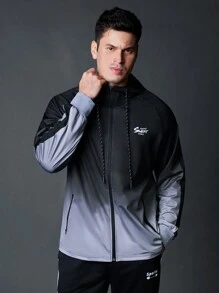 Manfinity Running Boyfriend Style Men Ombre Color Letter Print Raglan Sleeve Hooded Sports Jacket, Spring Autumn Training Top Sports Jacket