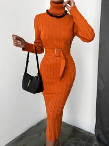 EURMUSE Turtleneck Belted Ribbed Knit Bodycon Sweater Dress - Orange - View 3
