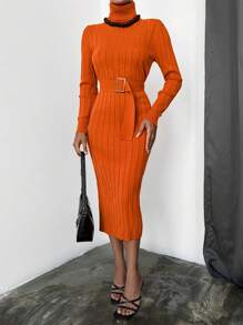EURMUSE Turtleneck Belted Ribbed Knit Bodycon Sweater Dress - Orange - View 5
