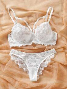 Crystal Vow 2pcs/Set Lace Underwire Sexy Bra And Panty Lingerie Set For Women - White - View 4