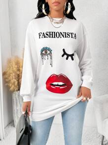 SHEIN Lady Portrait Lips Eyes Pattern 
Long Sleeve Sweatshirt White Hoodie  Women Sweatshirts Spring And Summer Casual Elegant Work