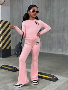 SHEIN SLAYR Tween Girl Tween Girl 休闲街头风格纯色圆领长袖针织套装（母女配套服装，2 套单独出售） - 粉色 - 查看 4