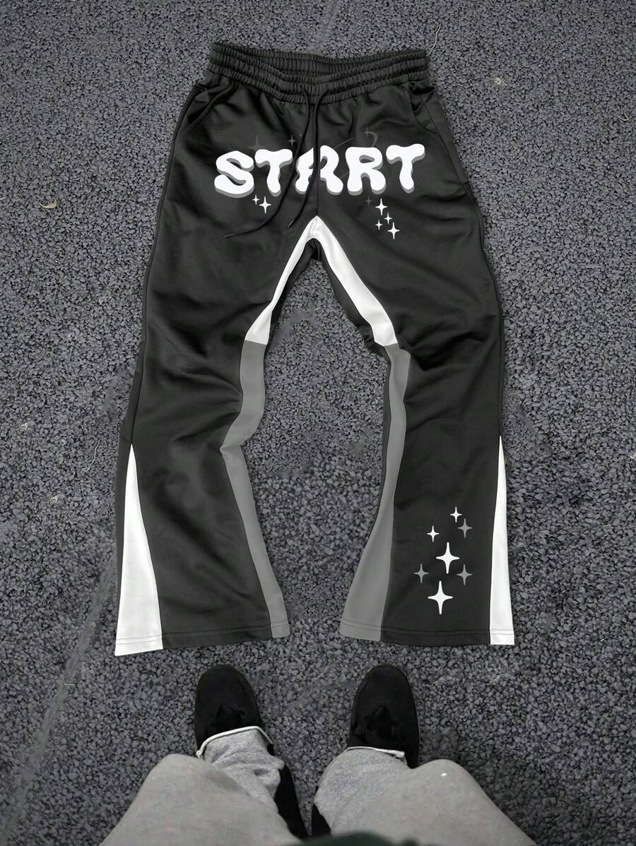 Manfinity EMRG Men's Plus Size Letter Print Elastic Waist Loose Straight Leg Casual Sweatpants - Black - View 1