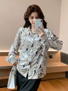 DAZY 1pc Women's Full Floral Print Long Sleeve Blouse,Fall Clothes Graphic Tee - Apricot - View 5