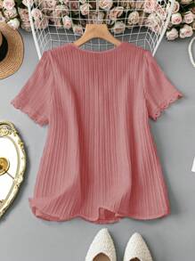 SHEIN LUNE Plus Lace Trim V Neck Blouse - Dusty Pink - View 2