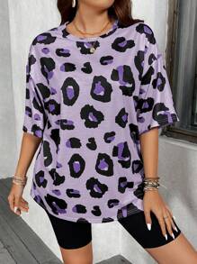 SHEIN LUNE Plus Size Leopard Print Animal Pattern Basic Casual Khaki T-Shirt - Purple - View 1