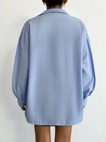 Cottnline 1pc Solid Drop Shoulder Button Front Shirt - Baby Blue - View 2