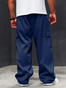 Manfinity Homme 男式大码纯色宽松直筒休闲工装裤 - 藏蓝色 - 查看 2