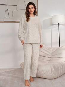 Lazeform Women's Solid Color Jacquard Velour Crew Neck Long Sleeve Pajama Set