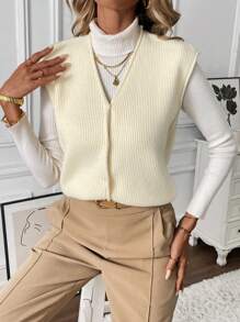 SHEIN LUNE Women's Solid Color V-Neck Casual Versatile Sweater Vest, Fall/Winter - Apricot - View 1