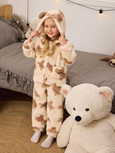 2 件装少女可爱米色毛绒小狗印花连帽长袖上衣和裤子舒适保暖加厚睡衣套装
