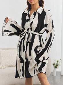 SHEIN Maternity Allover Print Belted Shirt Dress - Black and White - View 4