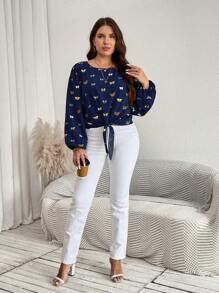 SHEIN LUNE 大码圆领蝴蝶印花扭纹袖口长袖衬衫职业上衣秋季衬衫女式上衣商务休闲女式工作衬衫商务衬衫