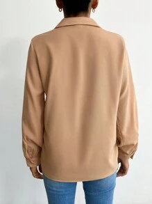 EURMUSE V-collar Lantern Sleeve Solid Top - Apricot - View 2