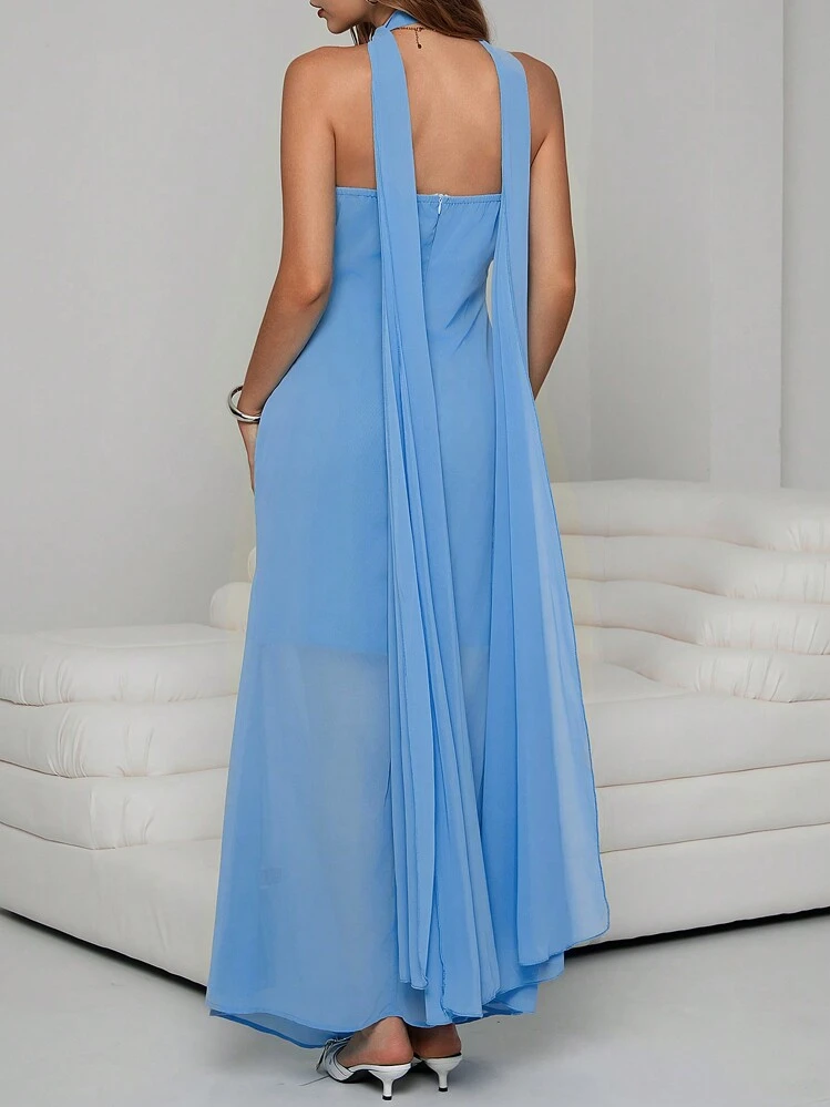 Chiquease Women's Summer Ruched Dress With Scarf , Baby Blue Satin Dress  Maxi Women Outfit