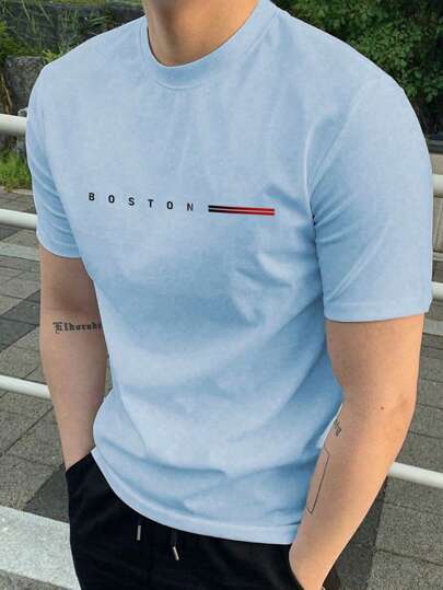 Manfinity Homme Camiseta de manga corta de cuello redondo informal con estampado de letra para hombre, camiseta estampada de verano