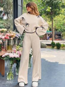 EURMUSE Set casual 2 buc pentru femei: pulover cu gât rotund și pantaloni tricotați, toamnă și iarnă - Bej - Vizualizare 5