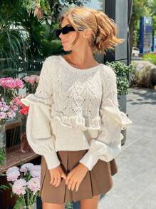 EURMUSE Women's Autumn/Winter Long Sleeve Ruffled Jacquard Knit Sweater - Beige - View 5