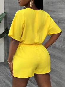 Slaydiva Casual V Neck Bat Sleeve Short Sleeve Shorts Yellow Women's Jumpsuit-C