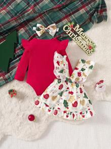SHEIN 女婴圣诞可爱卡通字母印花荷叶边长袖连体衣和卡通蝴蝶结装饰吊带裙配头带，秋冬 - 紅色 - 查看 2