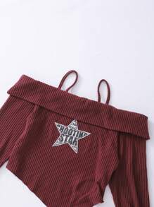 SHEIN 女孩/青少年女孩露肩长袖上衣 - 酒紅色 - 查看 6