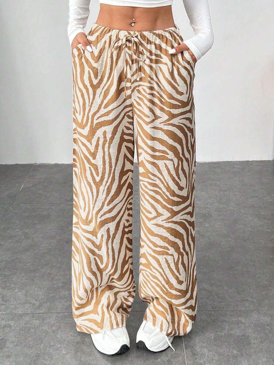 SHEIN EZwear 女士时尚斑马纹阔腿裤 - 卡其色 - 查看 1
