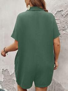 SHEIN LUNE 大码纯色纽扣前袋纹理阔腿连体裤 - 橄欖綠 - 查看 2