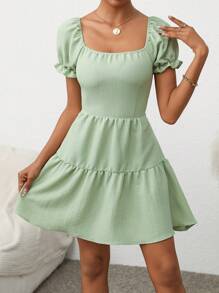 Breezaya Women's Vacation Solid Color Back Knot Mini Dress With Puff Sleeves & Ruffle Hem