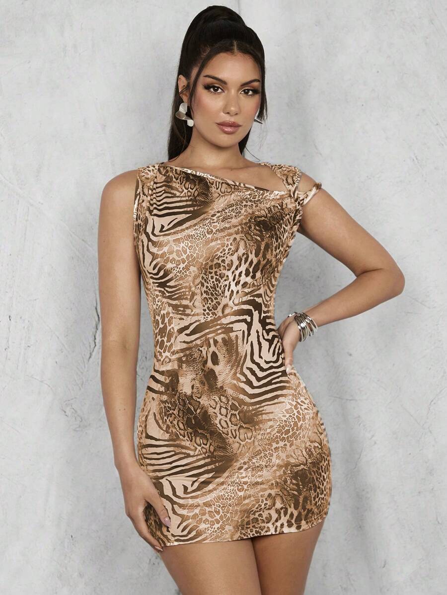 Glamine Đầm ôm sát vai in họa tiết động vật gợi cảm, mùa hè - Màu Khaki - Xem 1
