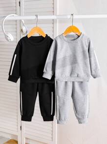 SHEIN Baby Jungen Lässig Kombi-Outfit mit einfarbigem geripptem Sweatshirt & Hose, geeignet für Outdoor, Sport, Lässig im Herbst und Winter - Verschiedenfarbig - Übersicht 1