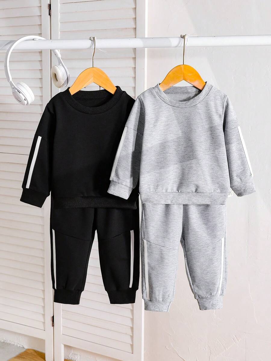 SHEIN Baby Jungen Lässig Kombi-Outfit mit einfarbigem geripptem Sweatshirt & Hose, geeignet für Outdoor, Sport, Lässig im Herbst und Winter - Verschiedenfarbig - Übersicht 1