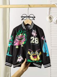 SHEIN Jaket Baseball Spiral Datar Bergambar Kartun Hewan Lucu untuk Anak Laki-Laki, Cocok untuk Pemakaian Sehari-hari - Hitam - View 1
