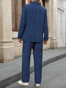 EMERY ROSE 2 件套女士西装外套和裤子套装，纯色翻领长袖春秋装 - 藍色 - 查看 2