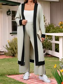SHEIN LUNE Plus Size Women's Spring/Summer Contrast Color Long Sleeve Cardigan And Casual Pants 2 Pieces Set - Multicolor - View 3