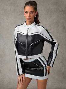 SHEIN BAE Women's Contrast Color Zipper Long Sleeve Casual Jacket Fall Women Jackets Going Out Tops Winter Women Coat Fall Jackets Winter Women Clothes Fall Women Clothes Leather Women Jacket - Multicolor - View 3