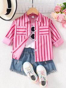Girls' Pink Striped Simple Fashion Stand Collar Button Up Long Sleeve Coat - Pink - View 1