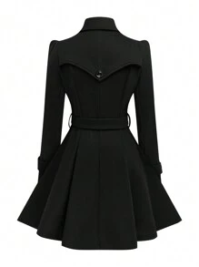 SHEIN Clasi 大码女式纯色简约休闲长袖大衣，适合冬季 - 黑色 - 查看 2