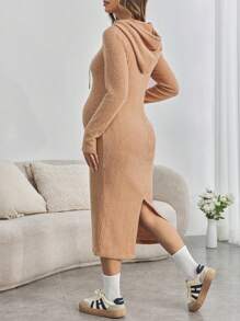 SHEIN Áo nỉ trùm đầu màu trơn cho bà bầu, tay dài có dây rút, váy thu/đông - Màu Khaki - Xem 2