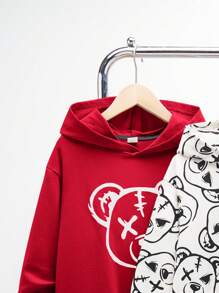 SHEIN 3pcs/Set Kids Tween Boy Casual Bear Print Hooded Long Sleeve Knitted Sweatshirts Set, Suitable For Daily Casual, Travel, Sports, Good For Spring, Summer, Autumn And Winter Seasons - Red - View 6