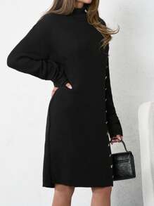SHEIN Tall Mock Neck Button Detail Bodycon Sweater Dress - Black - View 3