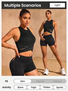 SHEIN Sports Solid Color Letter Woven Strap Criss-Cross Hollow Sports Tank Top - Black - View 5